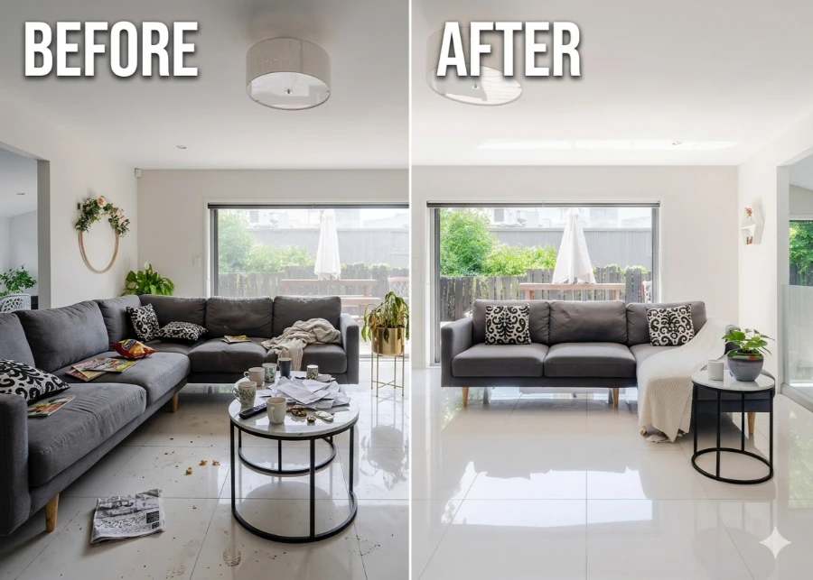Apartment cleaning Fort Myers before and after messy cluttered living room transformed to bright spotless space