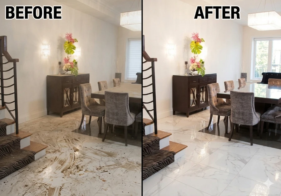 Apartment cleaning Fort Myers before and after dirty marble floor dining room restored to gleaming spotless finish
