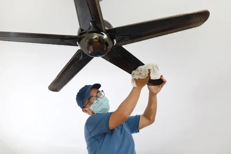 House cleaning Fort Myers professional wiping dusty ceiling fan blades with cloth