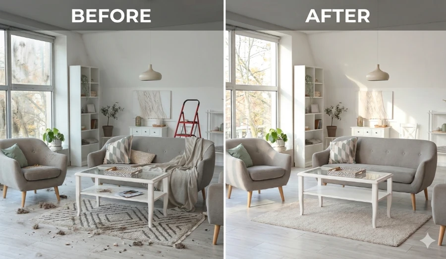 Deep cleaning Fort Myers before and after cluttered messy living room transformed to bright spotless space