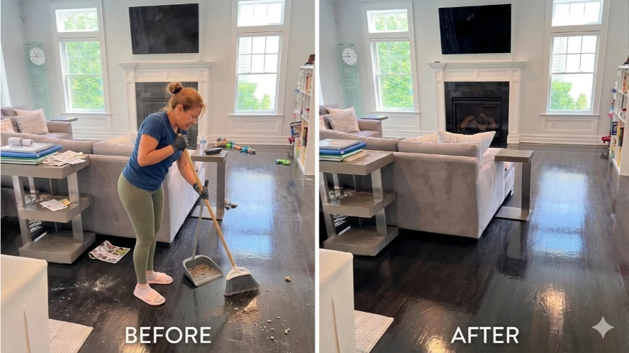 Deep cleaning Fort Myers before and after woman sweeping dirty hardwood floor to shiny spotless living room