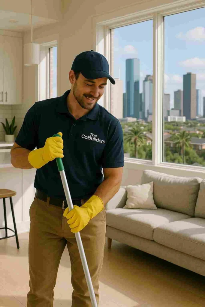 The CoBuilders professional cleaner mopping hardwood floors in a luxury apartment
with city skyline view - professional home cleaning service