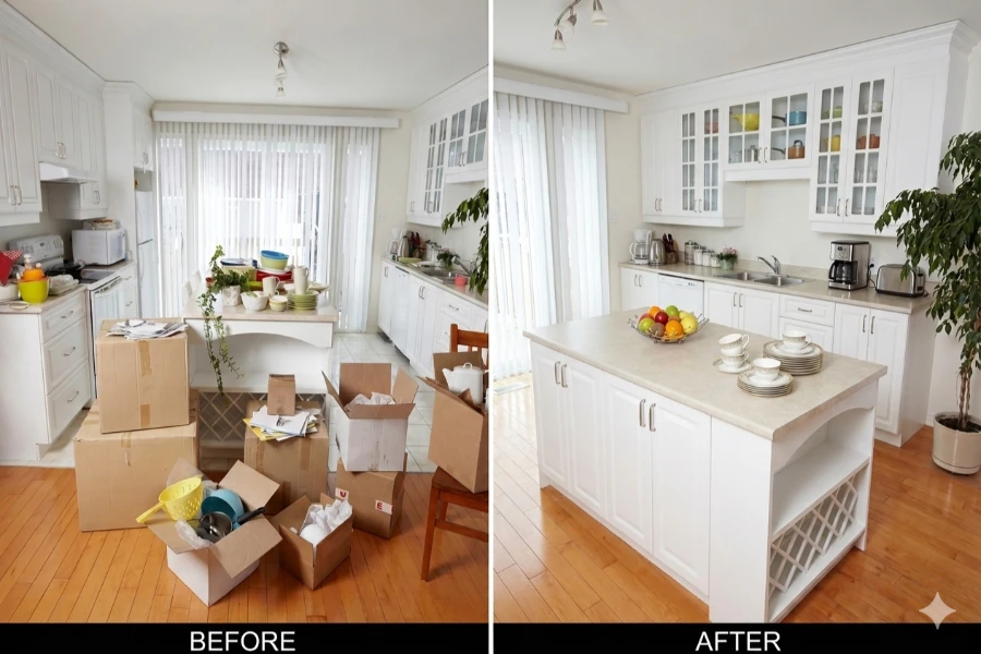 Move in move out cleaning Fort Myers before and after cluttered kitchen with moving boxes to spotless clean kitchen