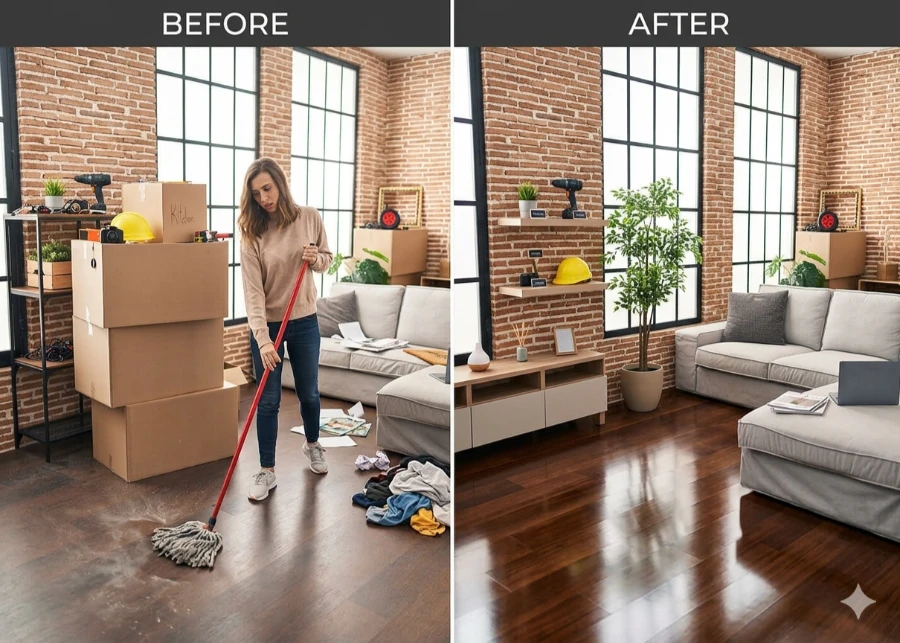 Move in cleaning Fort Myers before and after woman mopping messy apartment with boxes to clean bright living room