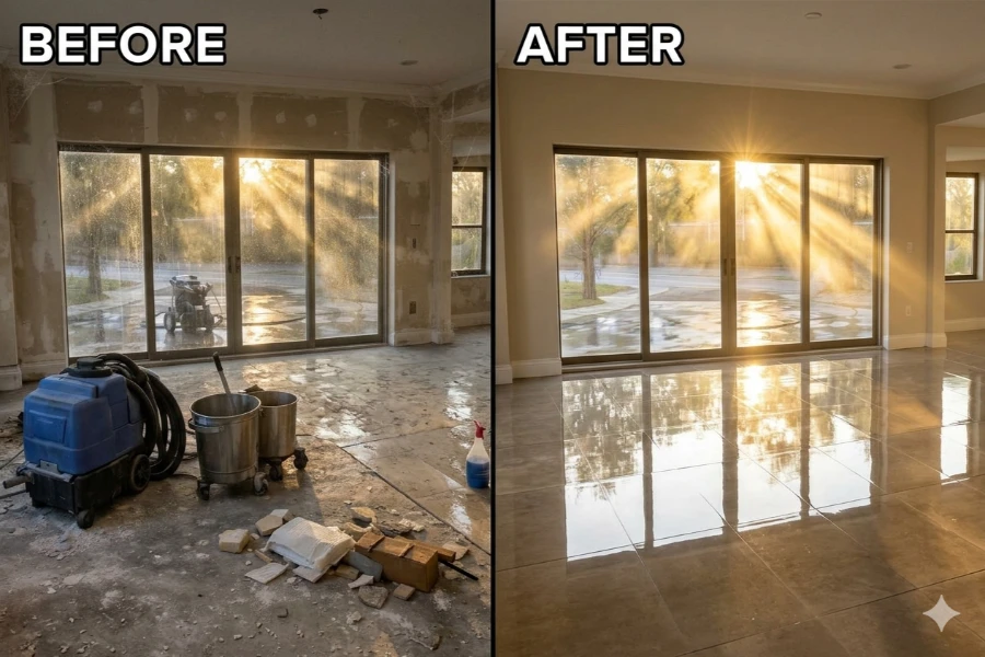 Post construction cleaning Fort Myers before and after concrete debris room transformed to gleaming polished floor