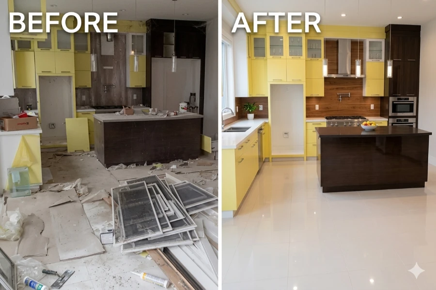 Post construction cleaning Fort Myers before and after renovation debris filled kitchen transformed to spotless modern kitchen