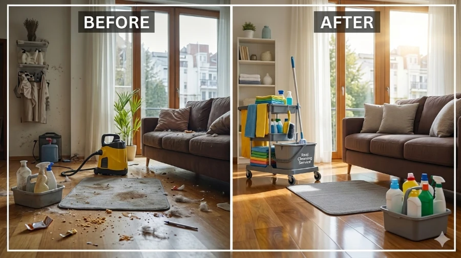 Recurring cleaning in Fort Myers before and after a messy living room transformed to spotless clean home