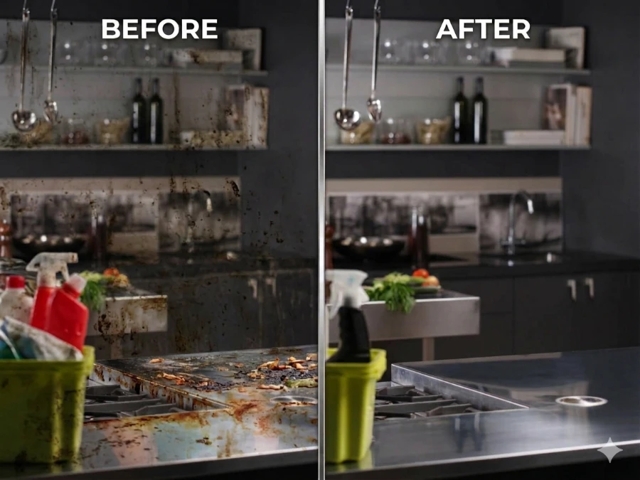 Recurring clean Fort Myers before and after dirty greasy kitchen countertop transformed to spotless surface