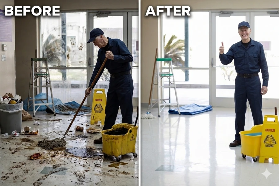 Recurring cleaning in Fort Myers, before and after the professional cleaner mops the filthy floor to a spotless finish