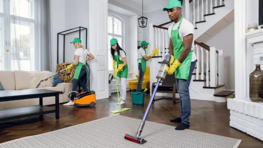 Professional house cleaning Fort Myers team vacuuming and mopping elegant home living room