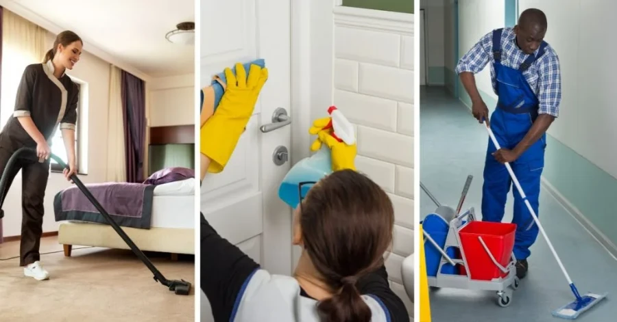House cleaning Fort Myers team vacuuming bedroom, sanitizing door, and mopping floor