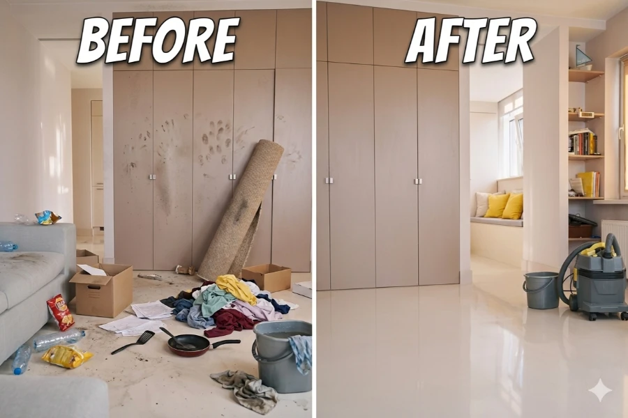 Vacation rental cleaning Fort Myers before and after heavily trashed dirty room transformed to spotless floor