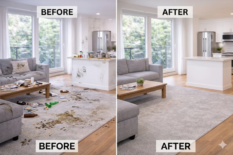 Vacation rental cleaning Fort Myers before and after trashed guest-left living room restored to spotless condition