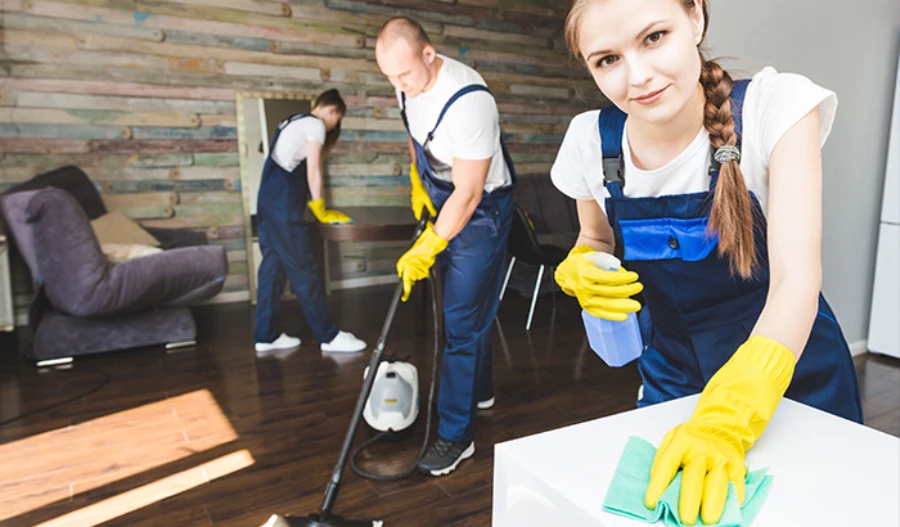 professional house cleaners wiping surfaces and vacuuming living room in modern home