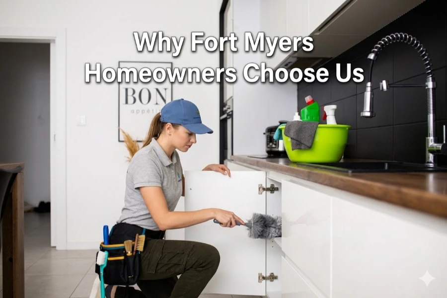 Cleaner dusting kitchen cabinet under sink with supplies, modern home cleaning scene
