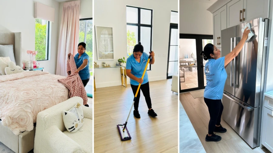 Fort myers house cleaning crew making bed, mopping floor, and wiping refrigerator