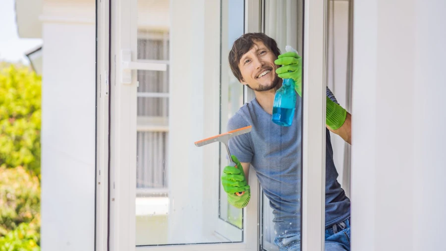 Smiling house cleaning Fort Myers professional spraying and wiping window with squeegee