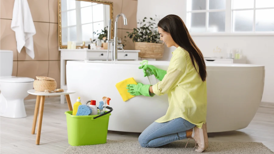 House cleaner Fort Myers scrubbing bathtub with spray bottle and cloth in bright bathroom