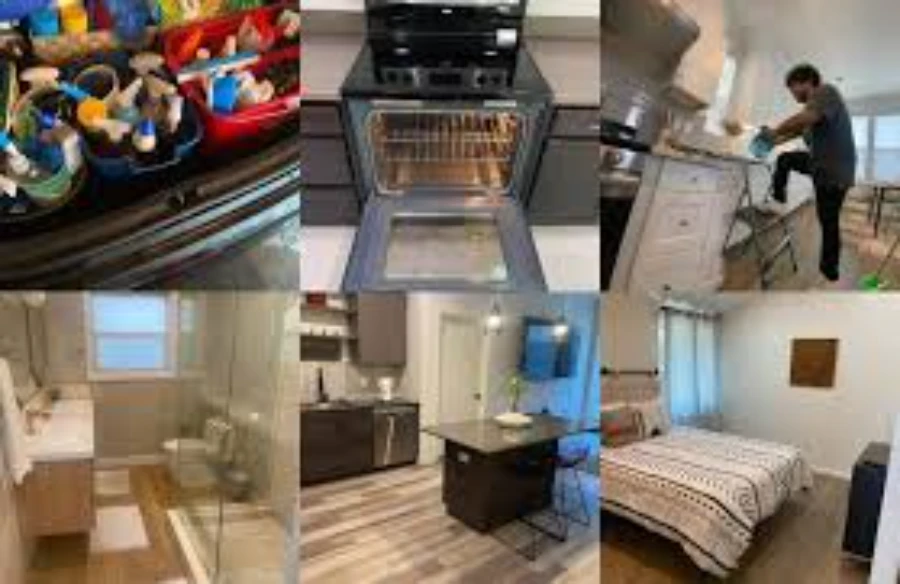 House cleaning fort myers collage showing cleaned oven, bathroom, kitchen, bedroom and supplies