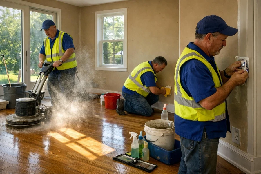 House cleaning Fort Myers crew doing post-construction cleanup, polishing hardwood floors