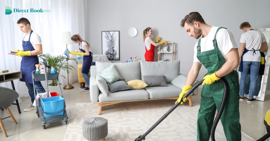 Fort myers house cleaner team vacuuming and deep cleaning vacation rental living room