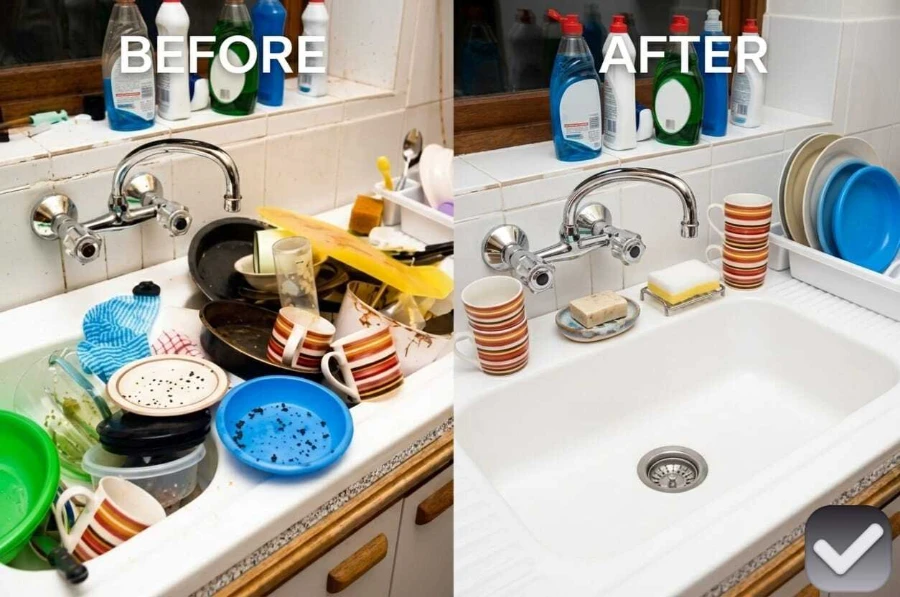 Before after condo kitchen sink cleaning River District Fort Myers FL piled dirty dishes fully cleared