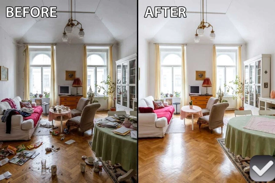 Before after cluttered apartment living room cleaned and organized with parquet hardwood floors