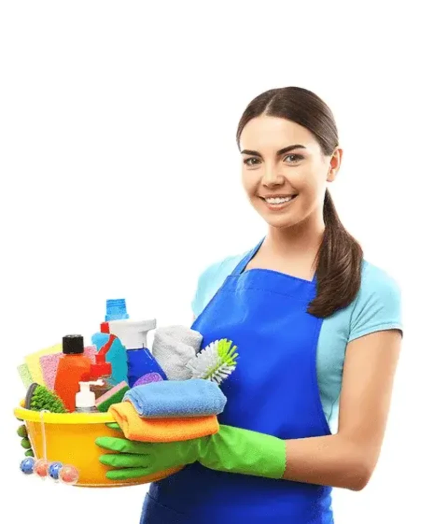 House cleaning Cypress Lake Fort Myers FL smiling maid holding cleaning supplies and tools