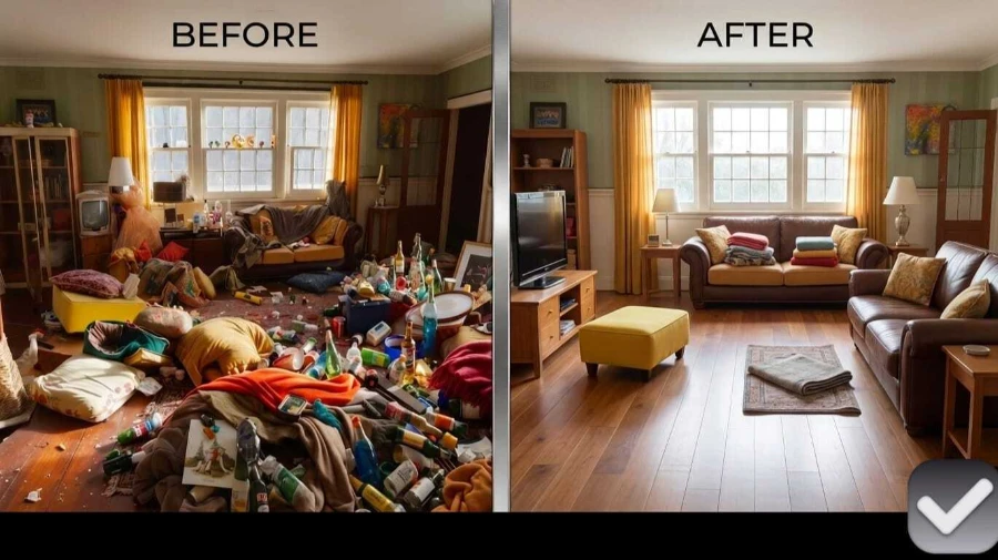 Before and after deep house cleaning in Gateway Fort Myers, FL, an extremely cluttered room fully transformed