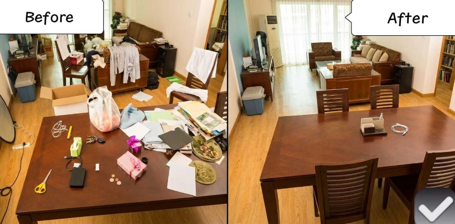 Before after professional house cleaning in Gulf Harbour Fort Myers FL cluttered room fully restored