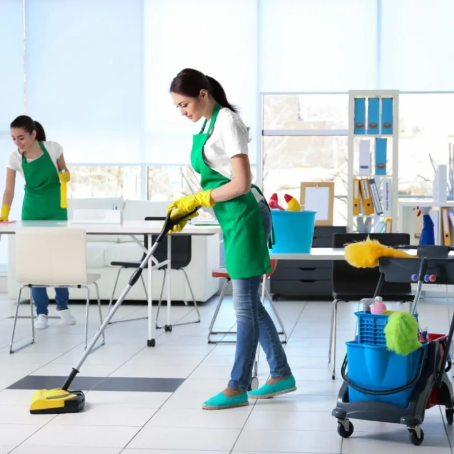 Whiskey Creek Fort Myers FL cleaning service team sweeping and wiping large bright space